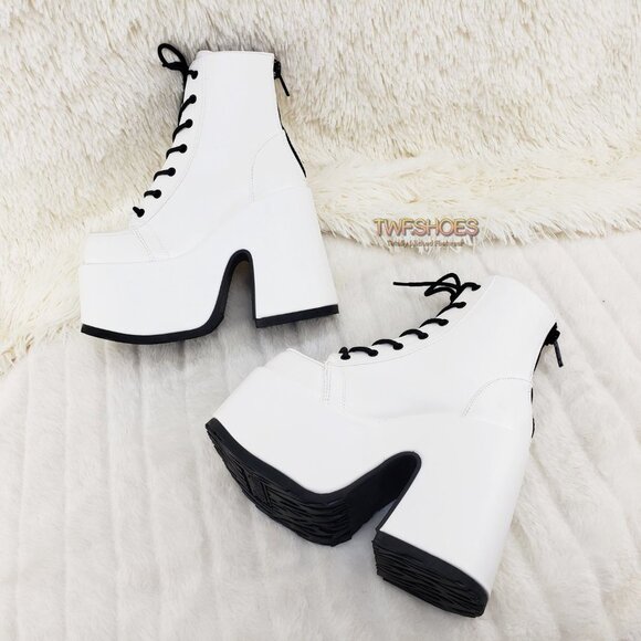 White Matte Chunky Platform Goth Punk Ankle Boots Camel - Picture 6 of 14
